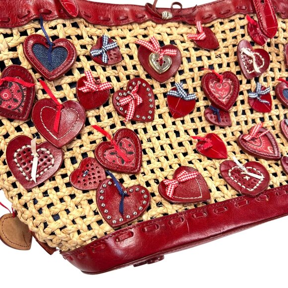 Brighton Wicker Leather Purse Red Hearts Applique Shoulder Handbag Handled Tote - Picture 3 of 16